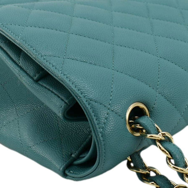 CHANEL Classic Double Flap Jumbo Quilted Caviar Leather Shoulder Bag Turquoise