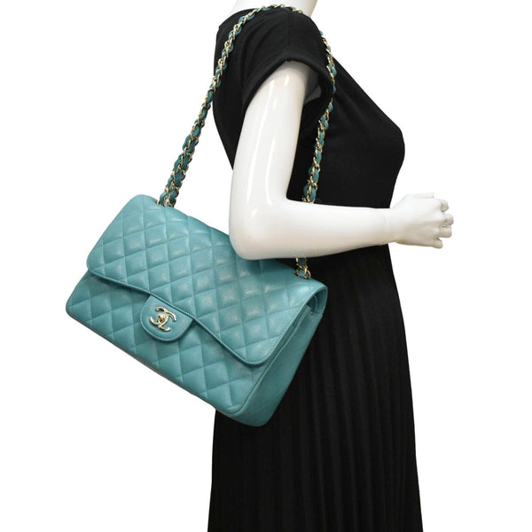 CHANEL Classic Double Flap Jumbo Quilted Caviar Leather Shoulder Bag Turquoise