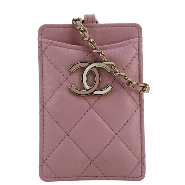 CHANEL CC Quilted Lambskin Leather Chain ID Card Holder Pink