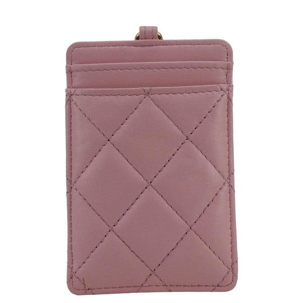 CHANEL CC Quilted Lambskin Leather Chain ID Card Holder Pink