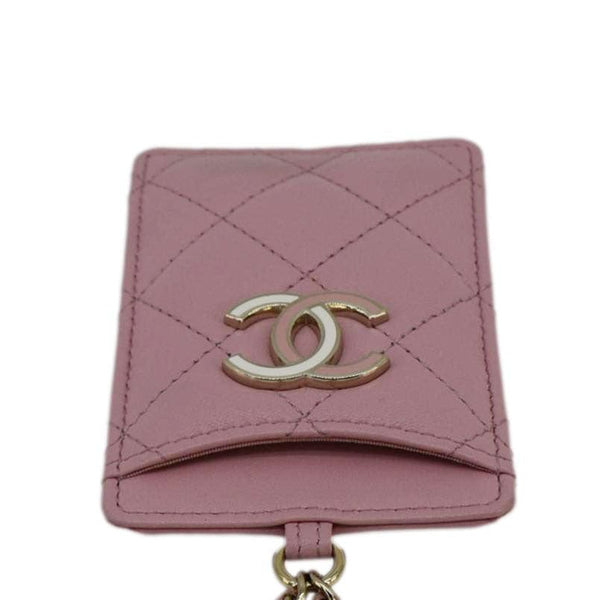 CHANEL CC Quilted Lambskin Leather Chain ID Card Holder Pink