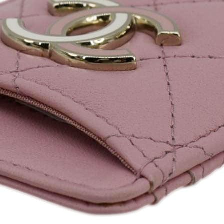 CHANEL CC Quilted Lambskin Leather Chain ID Card Holder Pink