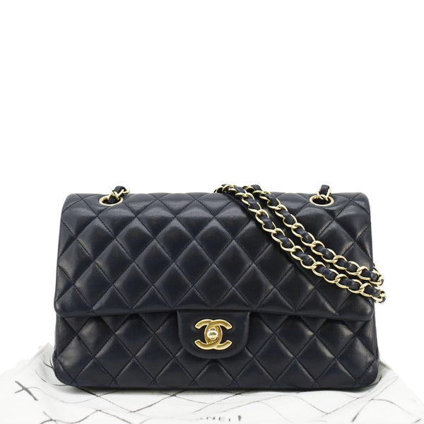 CHANEL Classic Medium Double Flap Quilted Leather Shoulder Bag Navy Blue