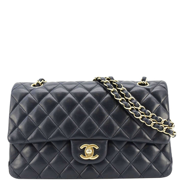 CHANEL Classic Medium Double Flap Quilted Leather Shoulder Bag Navy Blue