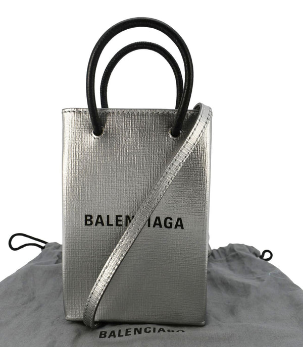 BALENCIAGA Metallic Logo Leather Shopping Phone Holder Silver