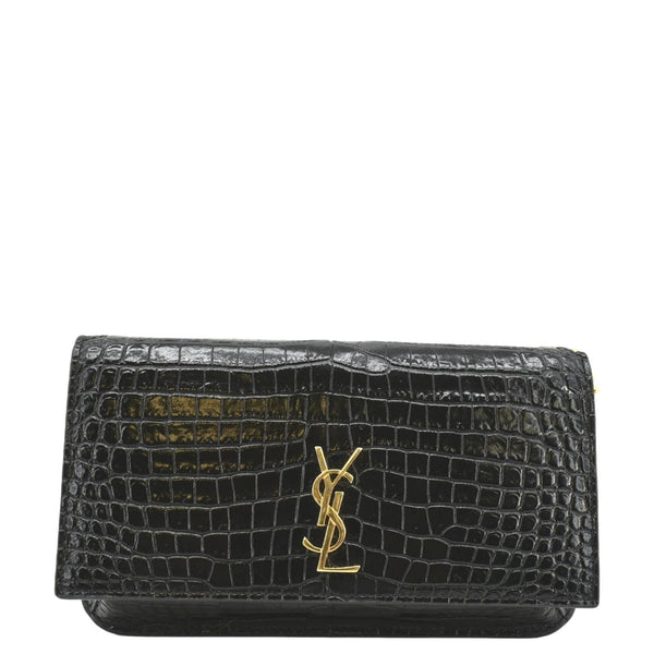 YVES SAINT LAURENT Monogram Sunset Crocodile Embossed Leather Shoulder Bag Black