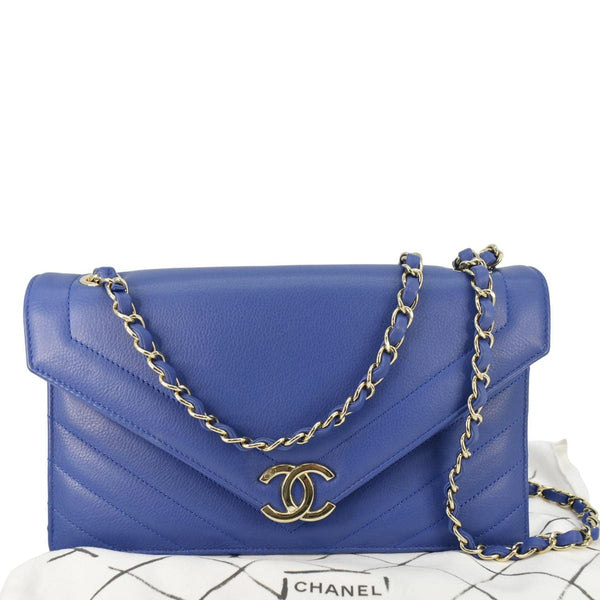 CHANEL Coco Envelope Flap Quilted Chevron Leather Crossbody Bag Blue