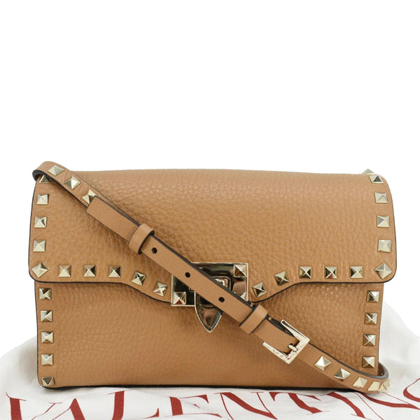 VALENTINO Garavani Rockstud Overlay Flap Small Leather Crossbody Bag Brown