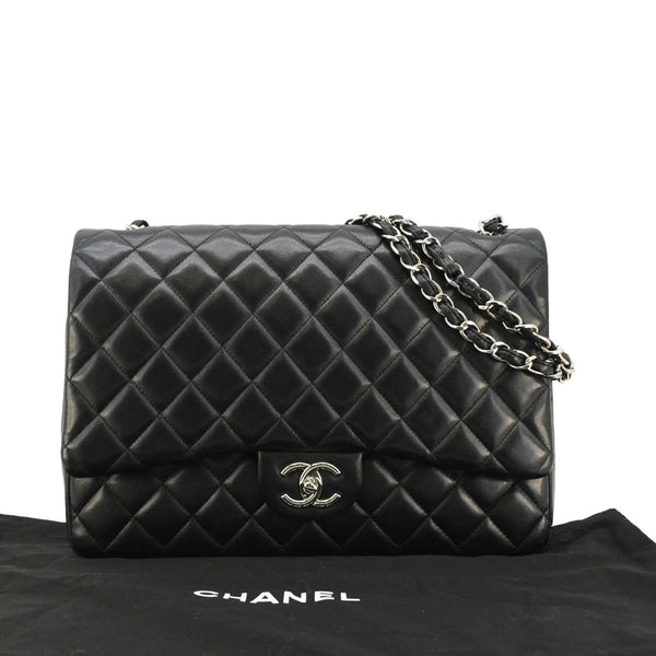 CHANEL Maxi Double Flap Leather Shoulder Bag Black