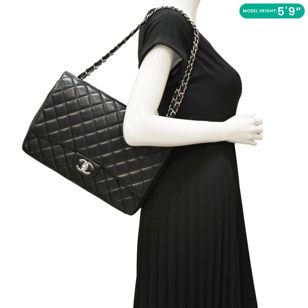 CHANEL Maxi Double Flap Leather Shoulder Bag Black