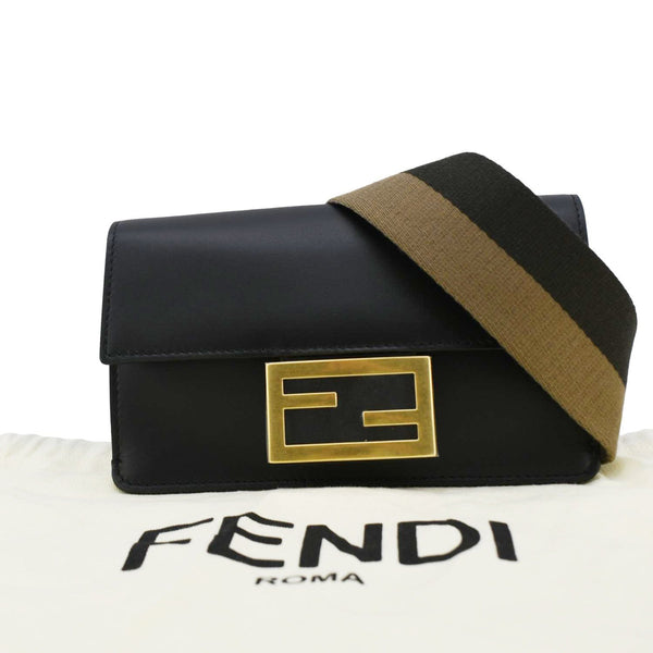 FENDI Flat Baguette Mini Leather Shoulder Bag Black