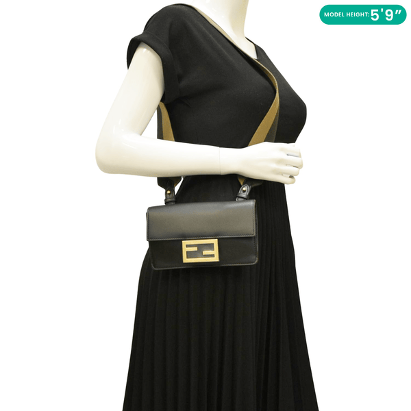 FENDI Flat Baguette Mini Leather Shoulder Bag Black