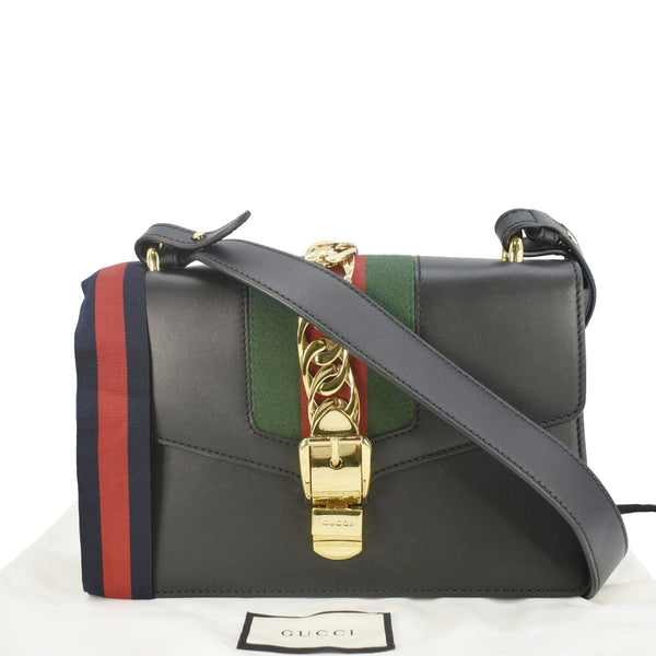 GUCCI Sylvie Small Web Leather Shoulder Bag Black 421882