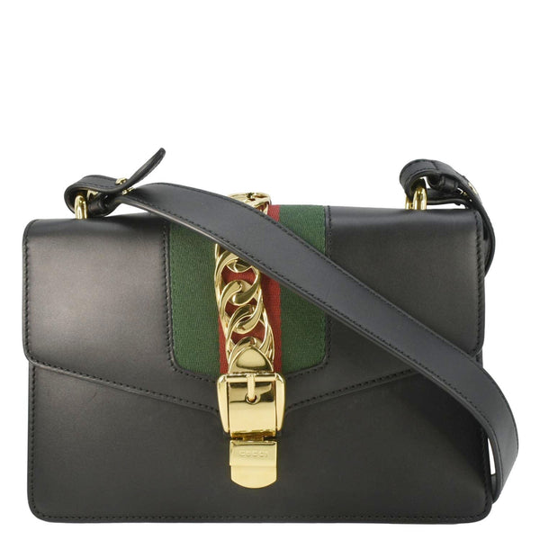 GUCCI Sylvie Small Web Leather Shoulder Bag Black 421882