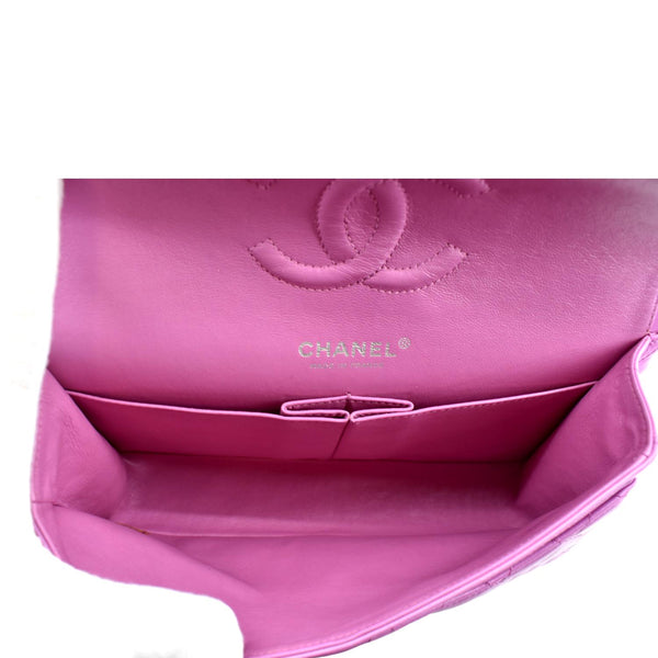 CHANEL Classic Medium Double Flap Quilted Leather Shoulder Bag Neon Pink