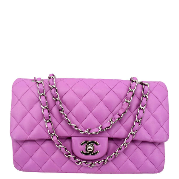 CHANEL Classic Medium Double Flap Quilted Leather Shoulder Bag Neon Pink