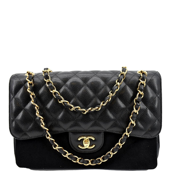 CHANEL Jumbo Double Flap Caviar Leather Shoulder Bag Black front look