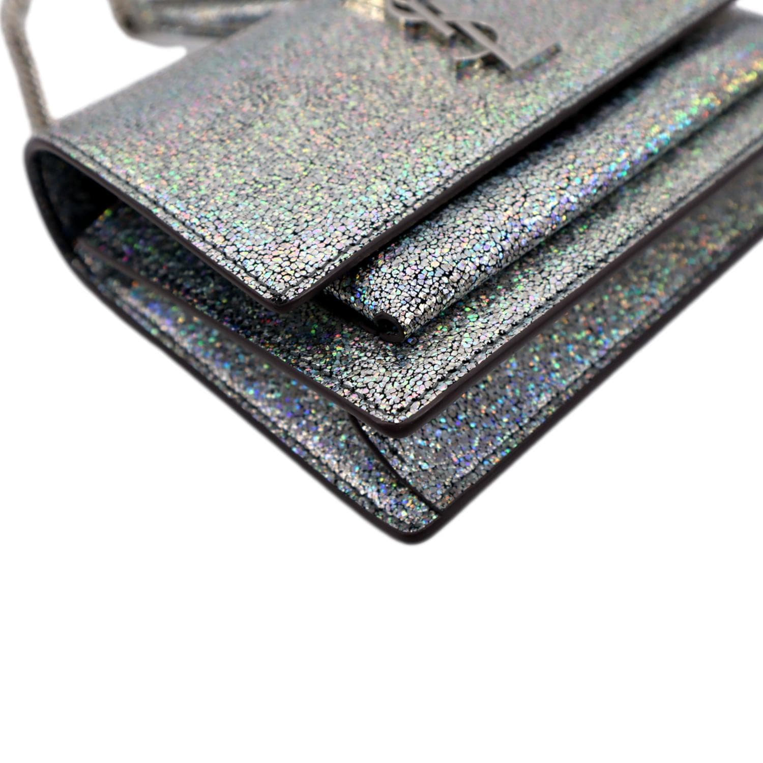 SAINT LAURENT Mini Sunset Crackle Metallic Silver Glitter Leather