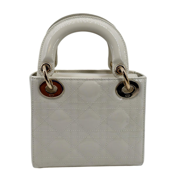 CHRISTIAN DIOR Mini Lady Dior Cannage Patent Leather Satchel Bag White