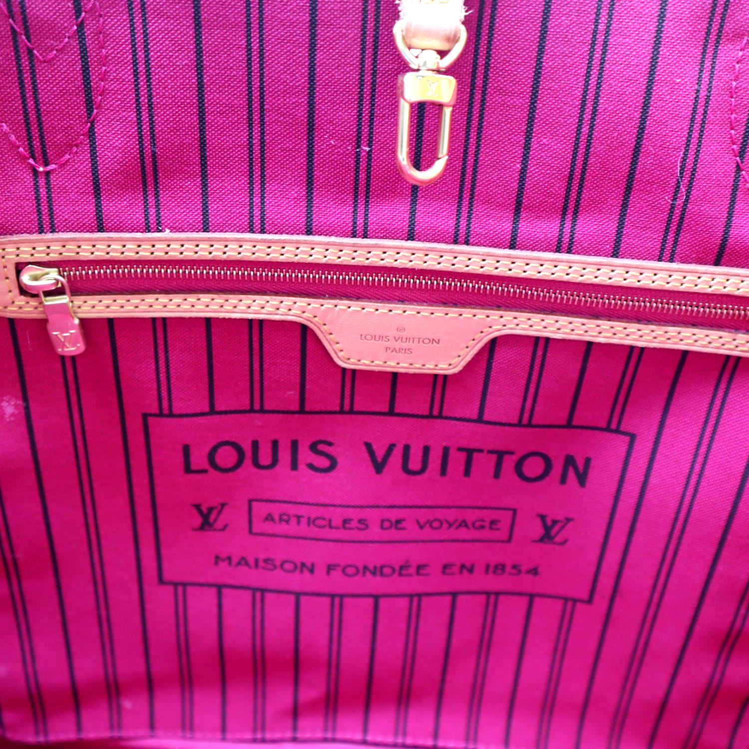 LOUIS VUITTON Classic canvas monogram GM neverfull with pouch. Limited  edition cerise pink lining.
