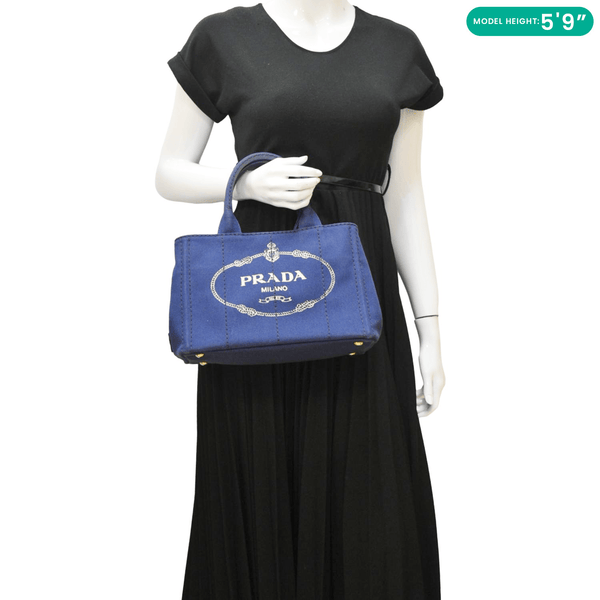 PRADA Canapa Denim Tote Bag Dark Blue dummy look