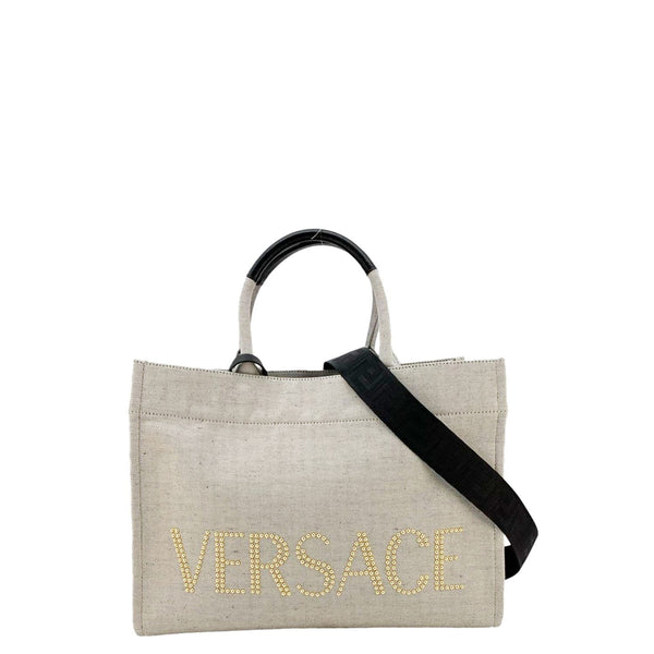 VERSACE Logo Fabric Canvas Tote Shoulder Bag White