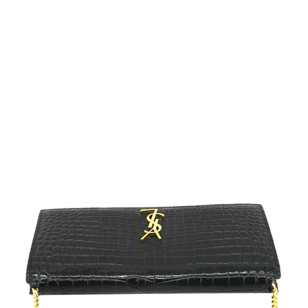 YVES SAINT LAURENT Monogram Crocodile Embossed Leather Phone Holder Black upper look