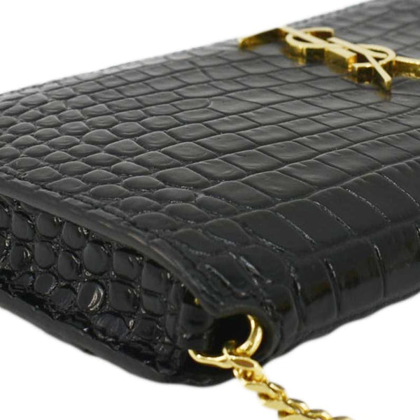 YVES SAINT LAURENT Monogram Crocodile Embossed Leather Phone Holder Black corner look