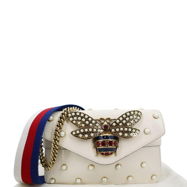 GUCCI Pearl Studded Mini Bee Broadway Leather Shoulder Bag White