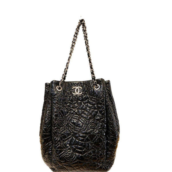 CHANEL Camellia Embossed Vinyl Leather Shoulder Bag Bag Black