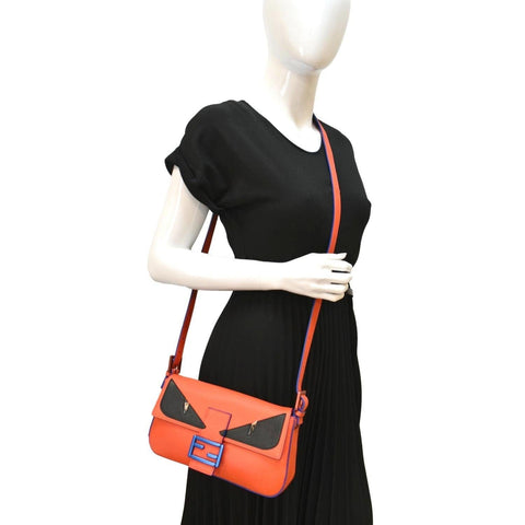 FENDI Monster Eye Baguette Calfskin Leather Crossbody Bag Orange