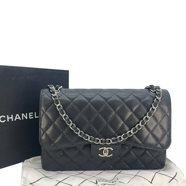 CHANEL Classic Jumbo Double Flap Quilted Caviar Leather Shoulder Bag Black