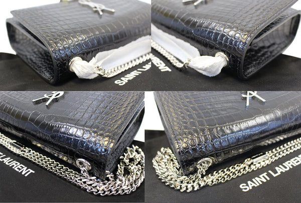 YVES SAINT LAURENT Crocodile Black Leather Silver Chain Clutch Crossbody Bag