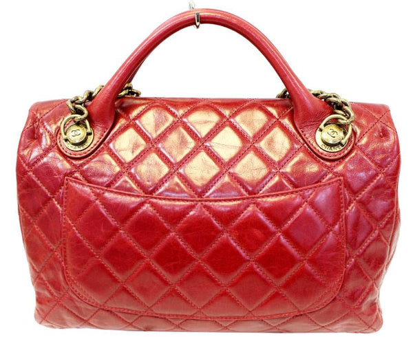 CHANEL Red Quilted Glazed Calfskin Leather Large Castle Rock Top Handle Bag