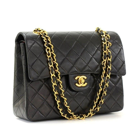 CHANEL 2.55 10" Tall Double Flap Black Quilted Leather Shoulder Bag Vintage