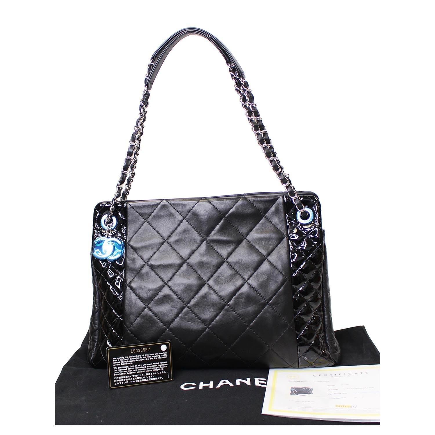 Authentic Chanel Black Quilted Patent CC Medallion Zip Tote Bag