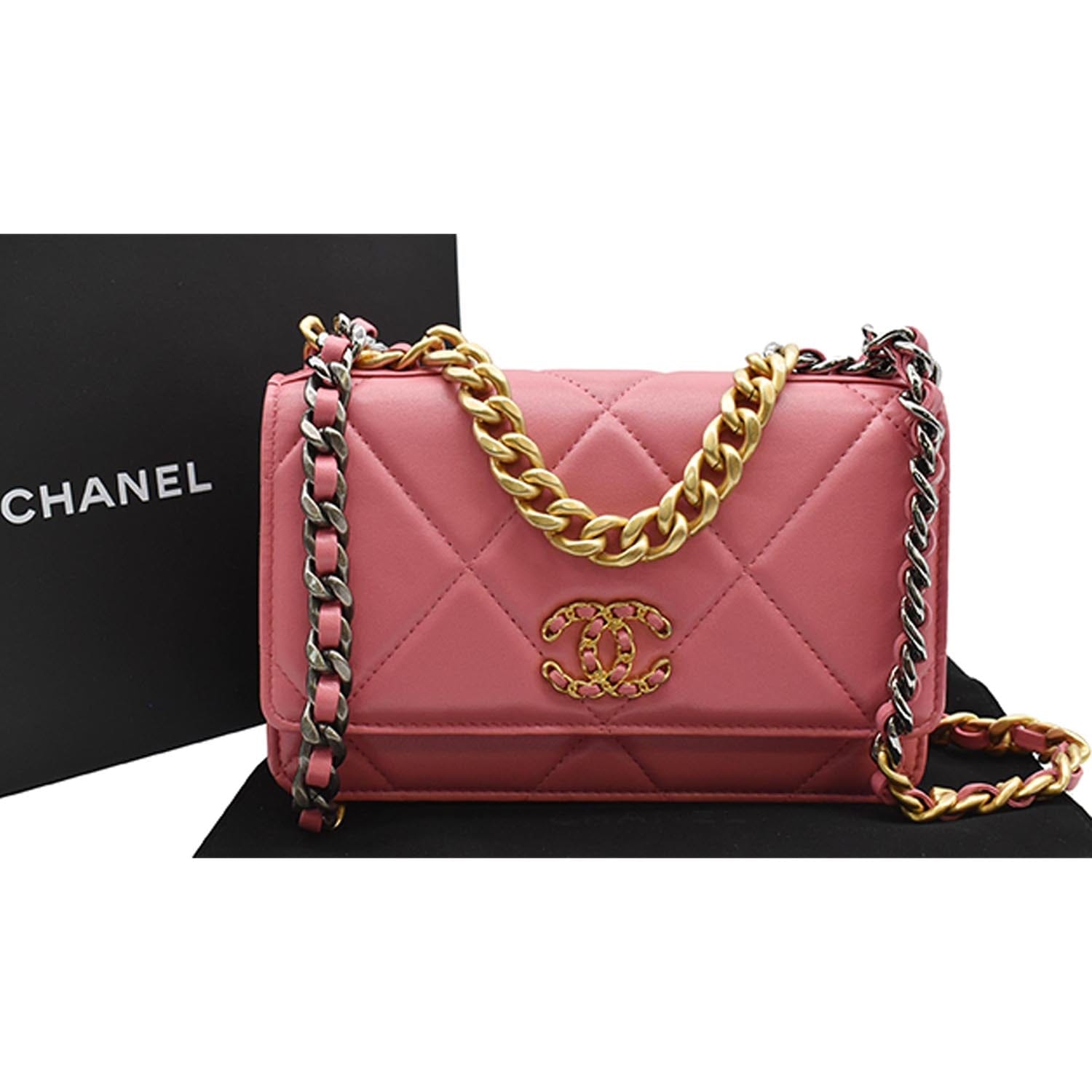 CHANEL Lambskin Quilted Chanel 19 Wallet On Chain WOC Dark Brown 946752