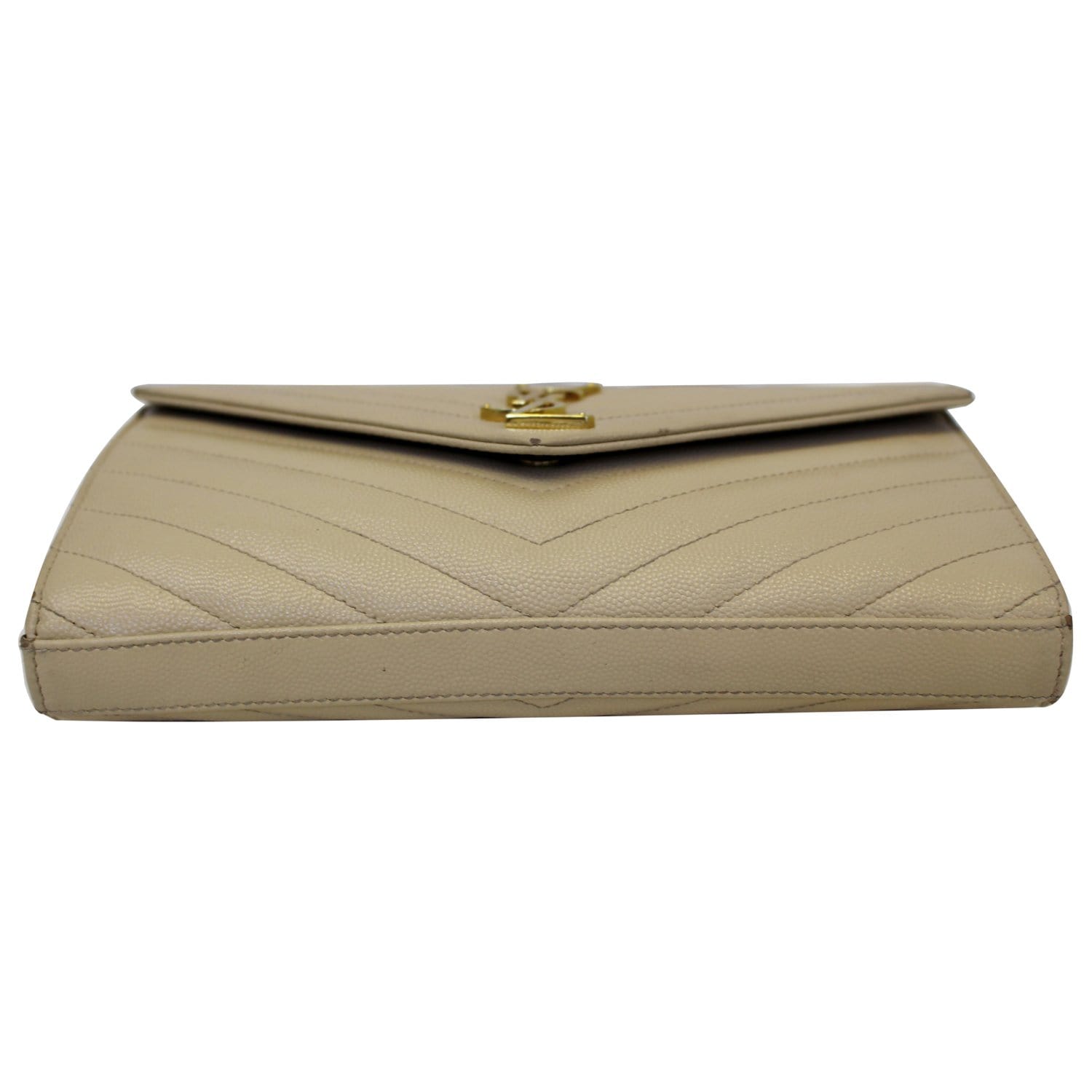 SAINT LAURENT Grain De Poudre Matelasse Chevron Monogram Envelope Chain  Wallet Dark Beige 1294788