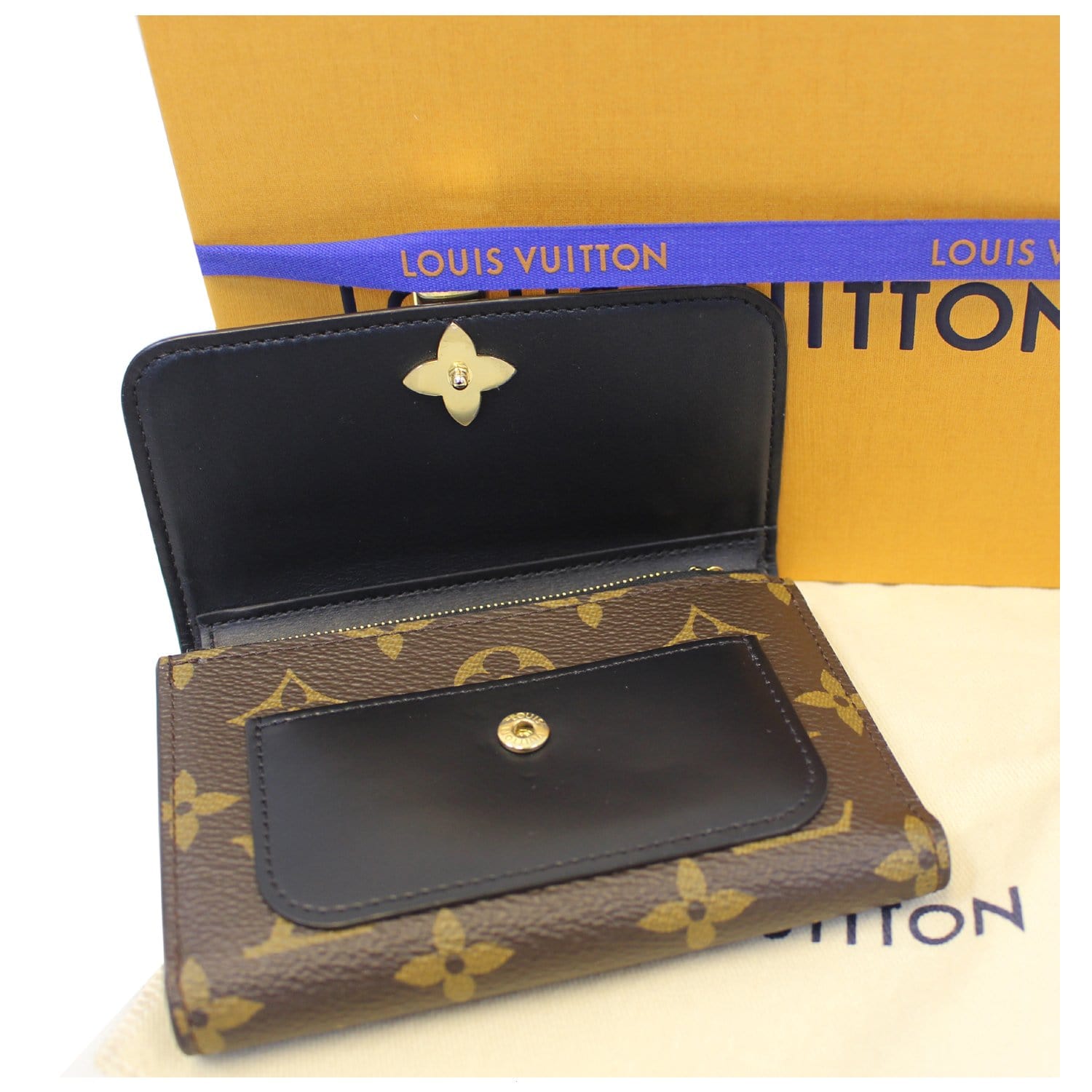 Louis Vuitton, Bags, Euc Louis Vuitton Flower Lock Monogram Long Wallet W  Black Leather