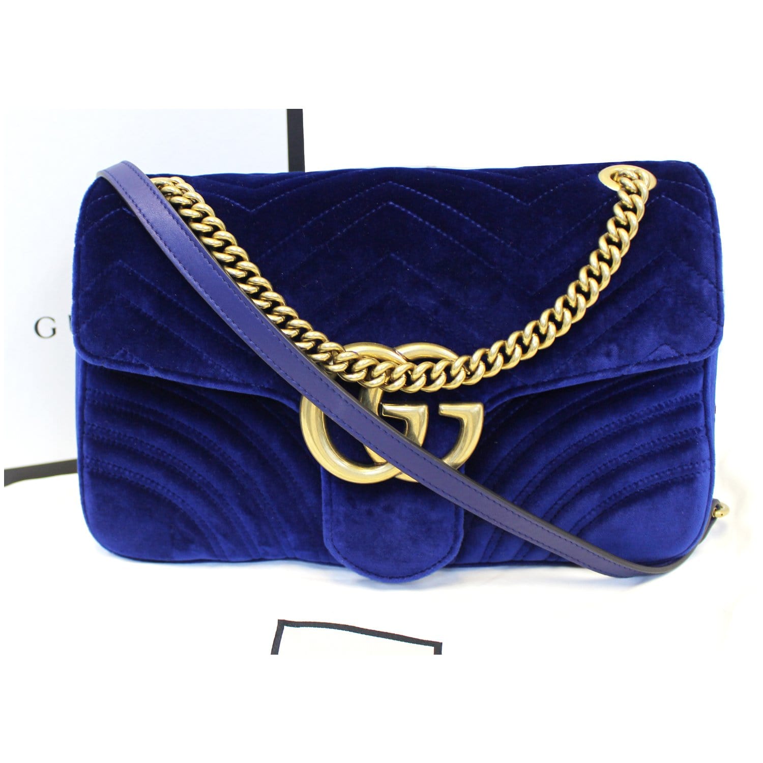 GUCCI GG Marmont Velvet Shoulder Bag Navy Blue 443496