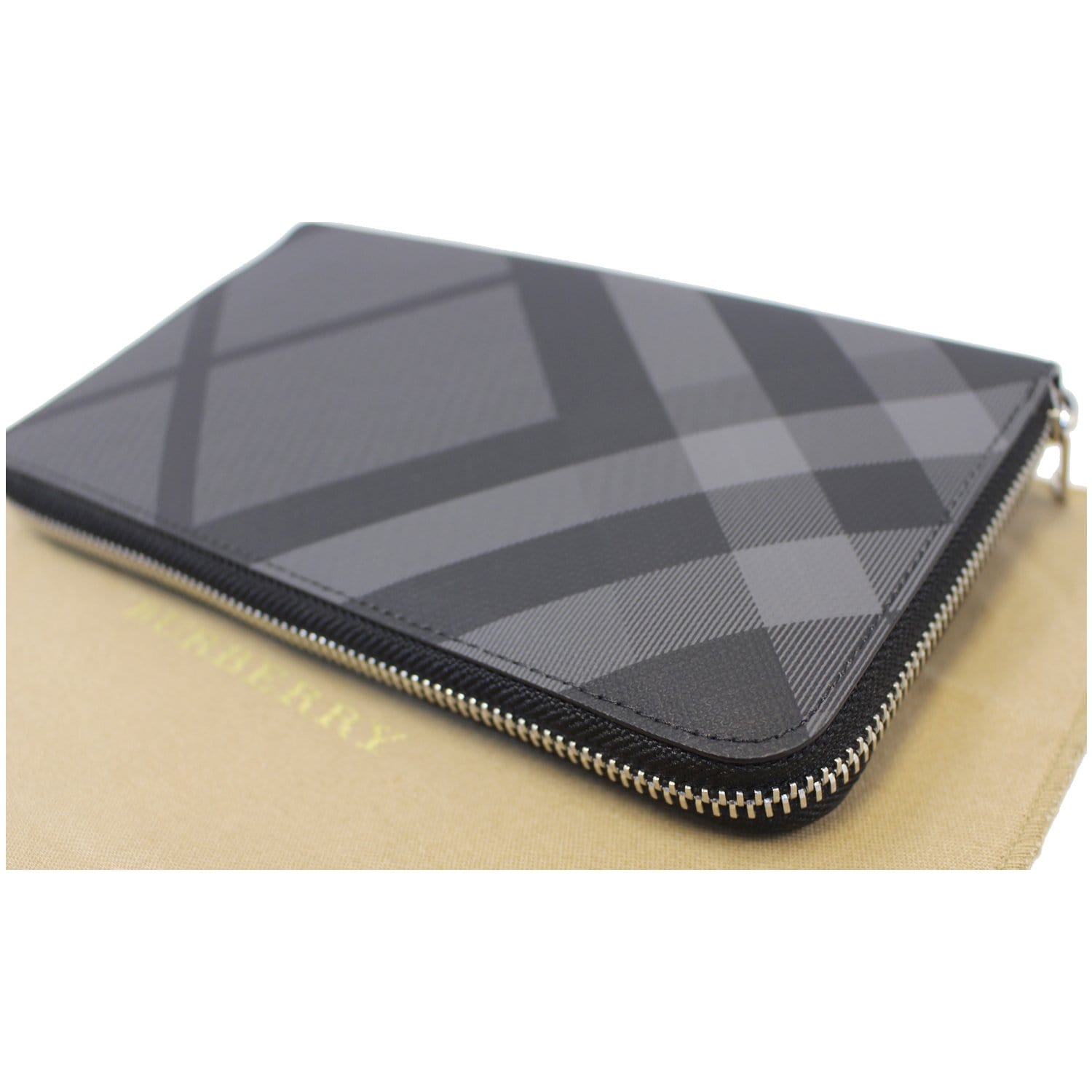 Check and Leather Folding Card Case in Charcoal - Men