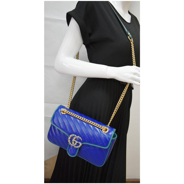 GUCCI GG Marmont Matelasse Leather Crossbody Bag Blue 443497