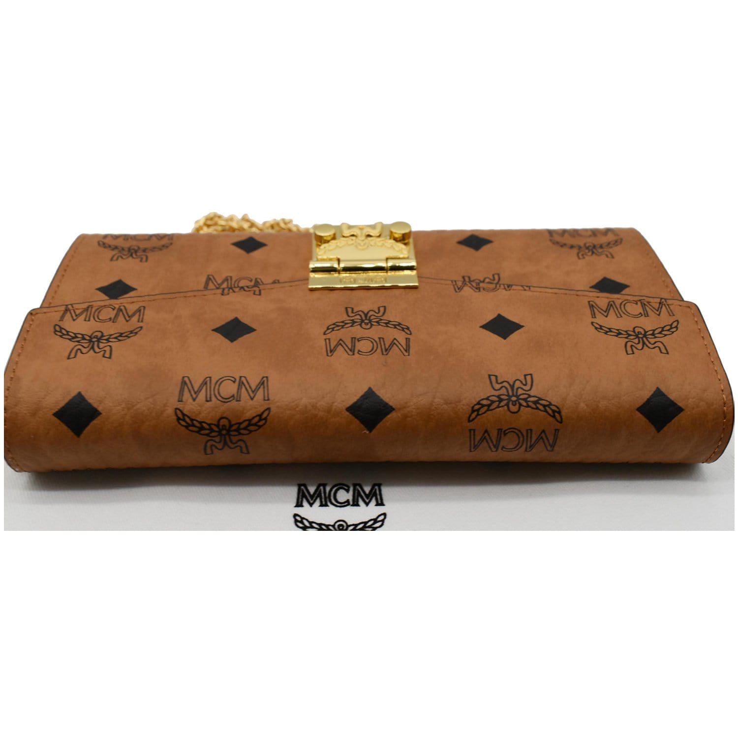 Mcm Patricia Visetos Color Block Leather Shoulder Bag In Cognac Black/gold
