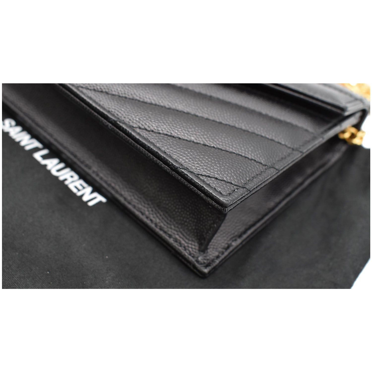 YVES SAINT LAURENT Chevron Leather Chain Wallet Shoulder Bag Silver