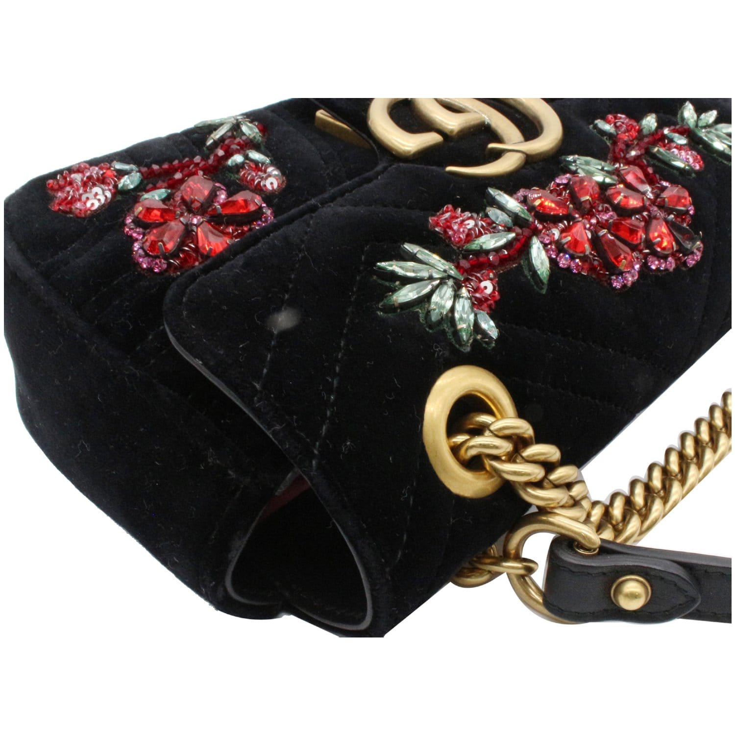 Gucci 3K Auth Black Velvet Matelasse Loved Pearls Embroidered GG Marmont Bag