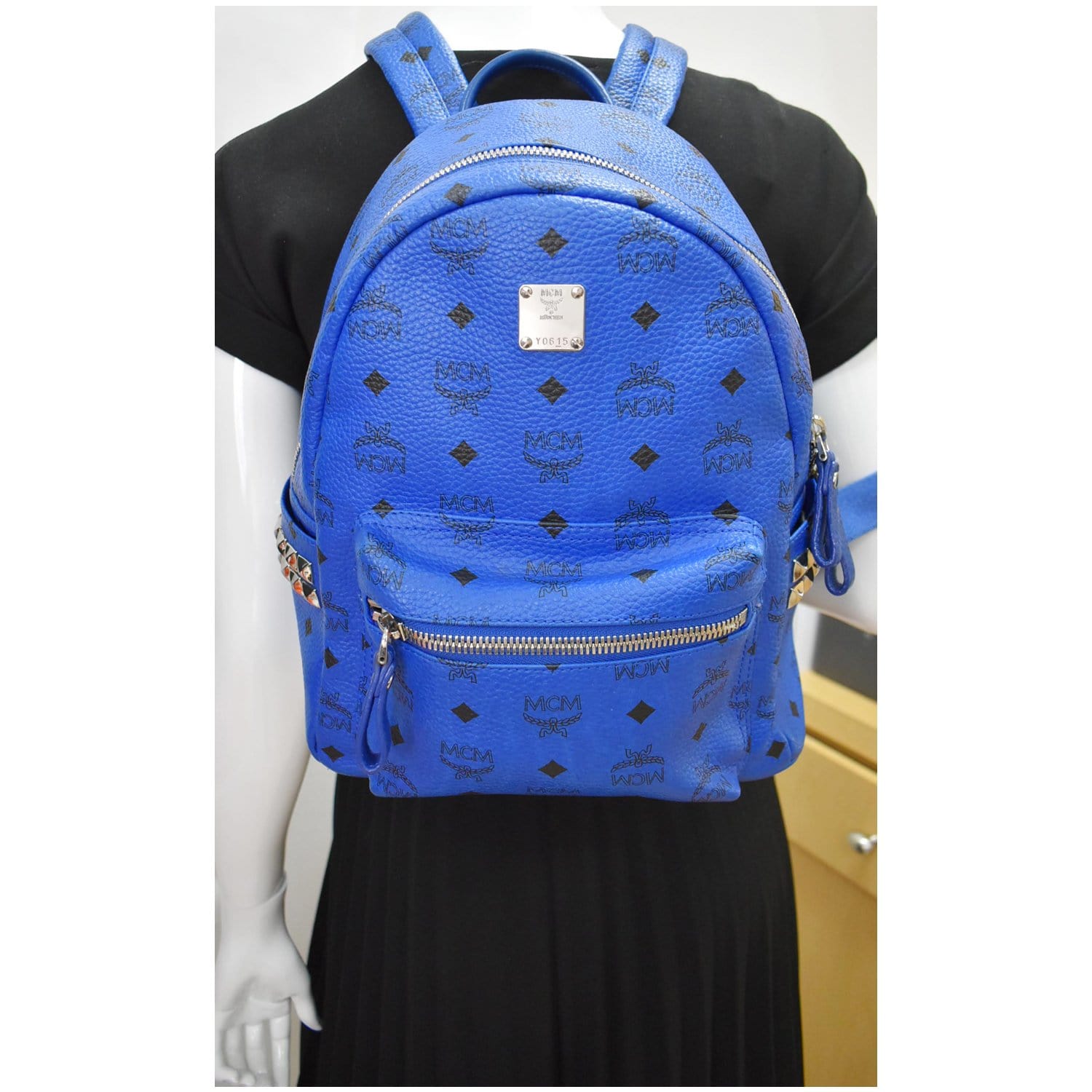 MCM Blue Visetos Coated Canvas and Leather Small Studs Stark