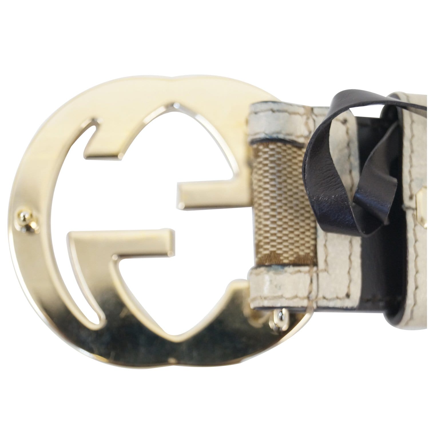 LADIES SIGNATURE GOLDTONE DOUBLE G GUCCI BELT BUCKLE WITH NAVY RED SIG BELT  SM