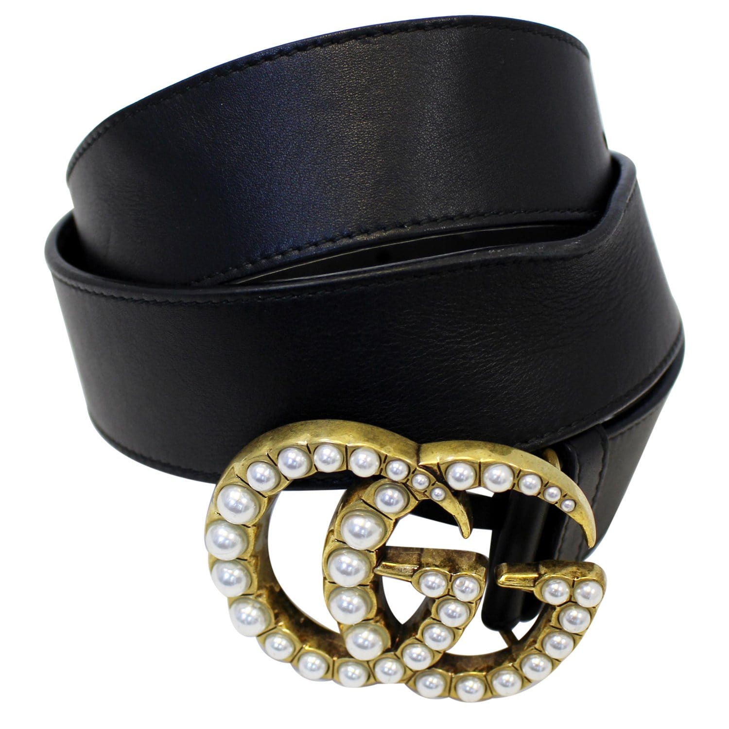 Gucci Leather belt with pearl Double G - Black