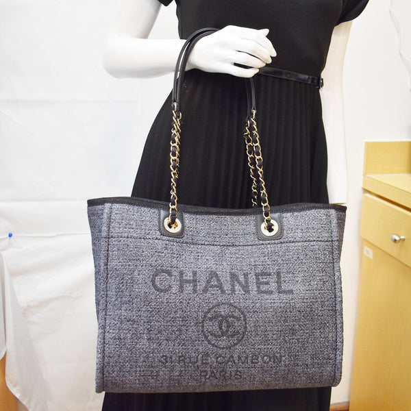 CHANEL Deauville Small Lurex Boucle Canvas Tote Bag Grey