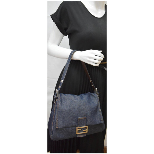 FENDI Baguette Denim Leather Shoulder Bag Blue